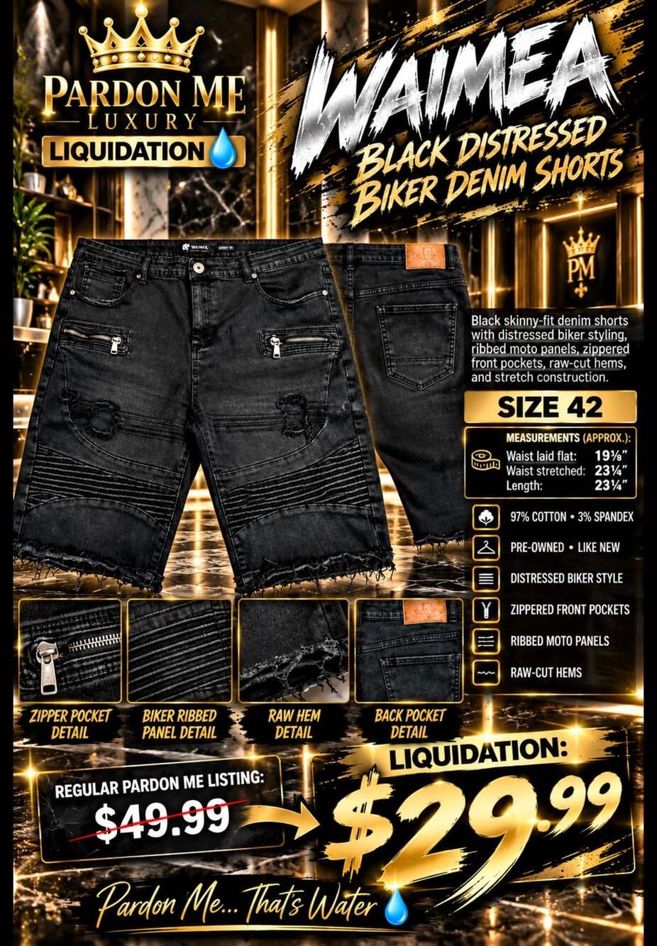 Waimea Black Distressed Biker Denim Shorts
